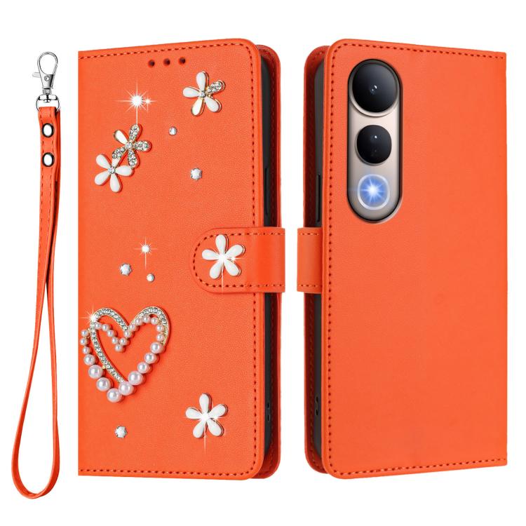 For vivo V50 Lite 5G Global / V50 Lite 4G ZS01 Double-Layer Heart Floral Vegan Leather Phone Case with Wrist Strap