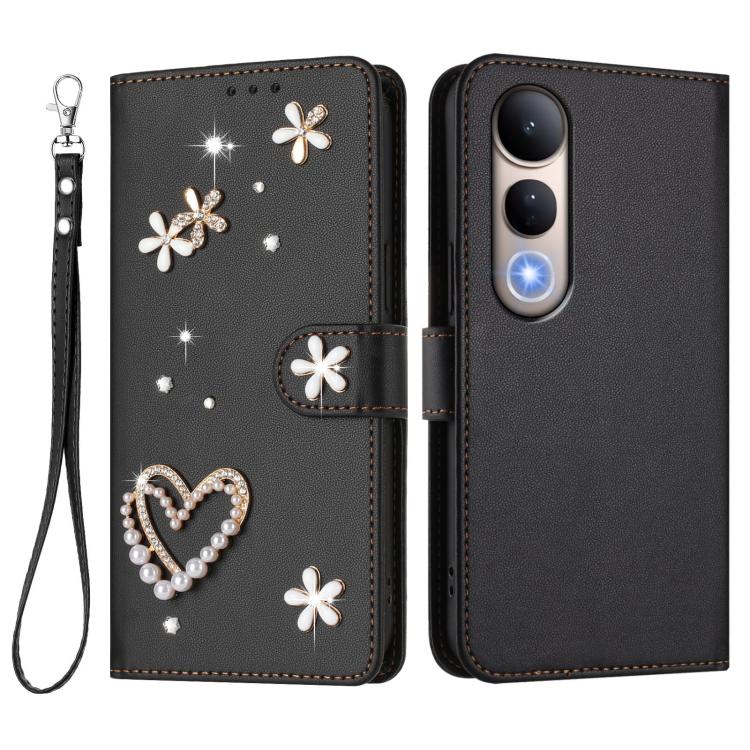 For vivo V50 Lite 5G Global / V50 Lite 4G ZS01 Double-Layer Heart Floral Vegan Leather Phone Case with Wrist Strap