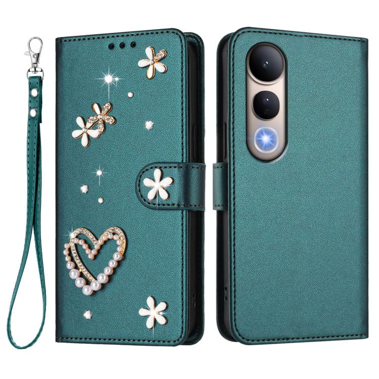 For vivo V50 Lite 5G Global / V50 Lite 4G ZS01 Double-Layer Heart Floral Vegan Leather Phone Case with Wrist Strap