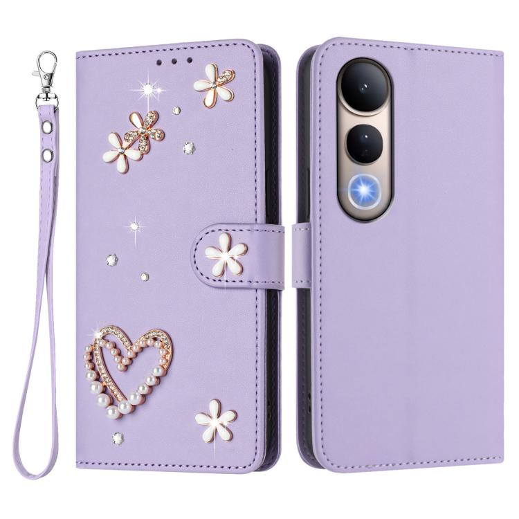 For vivo V50 Lite 5G Global / V50 Lite 4G ZS01 Double-Layer Heart Floral Vegan Leather Phone Case with Wrist Strap