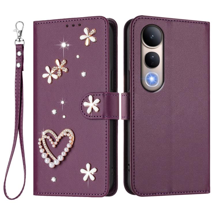For vivo V50 Lite 5G Global / V50 Lite 4G ZS01 Double-Layer Heart Floral Vegan Leather Phone Case with Wrist Strap