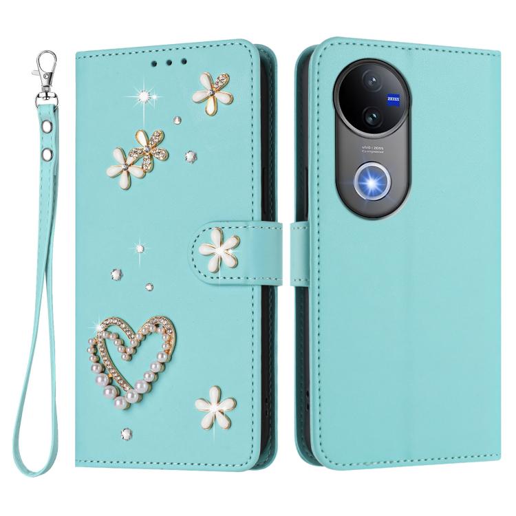 For vivo V50 5G Global / V50e 5G ZS01 Double-Layer Heart Floral Vegan Leather Phone Case with Wrist Strap
