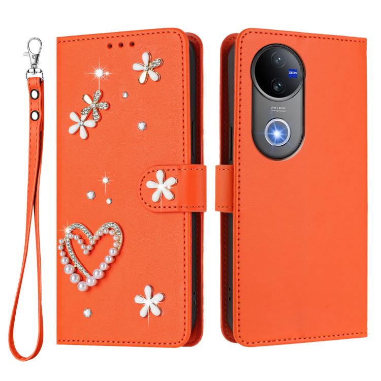 For vivo V50 5G Global / V50e 5G ZS01 Double-Layer Heart Floral Vegan Leather Phone Case with Wrist Strap