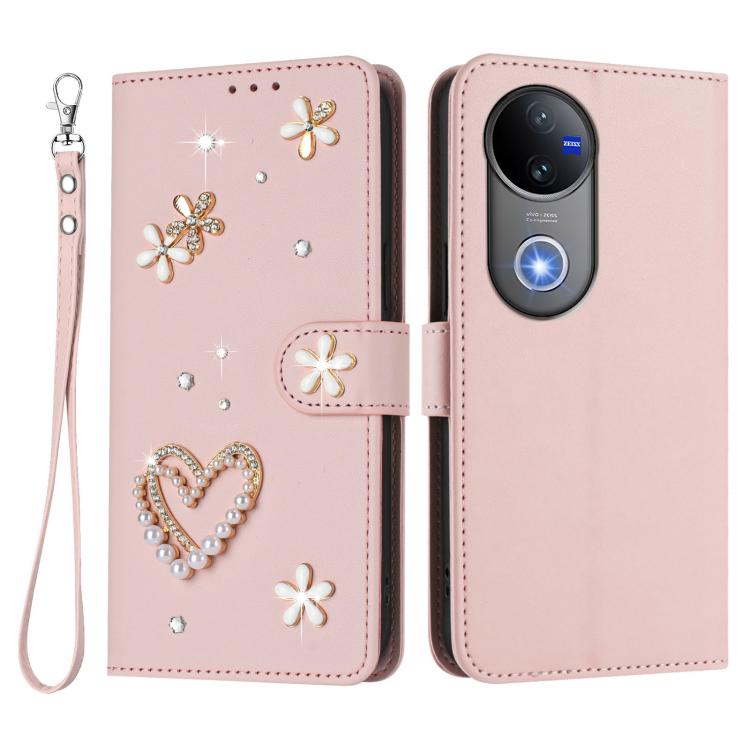 For vivo V50 5G Global / V50e 5G ZS01 Double-Layer Heart Floral Vegan Leather Phone Case with Wrist Strap
