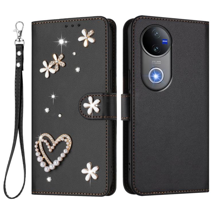 For vivo V50 5G Global / V50e 5G ZS01 Double-Layer Heart Floral Vegan Leather Phone Case with Wrist Strap