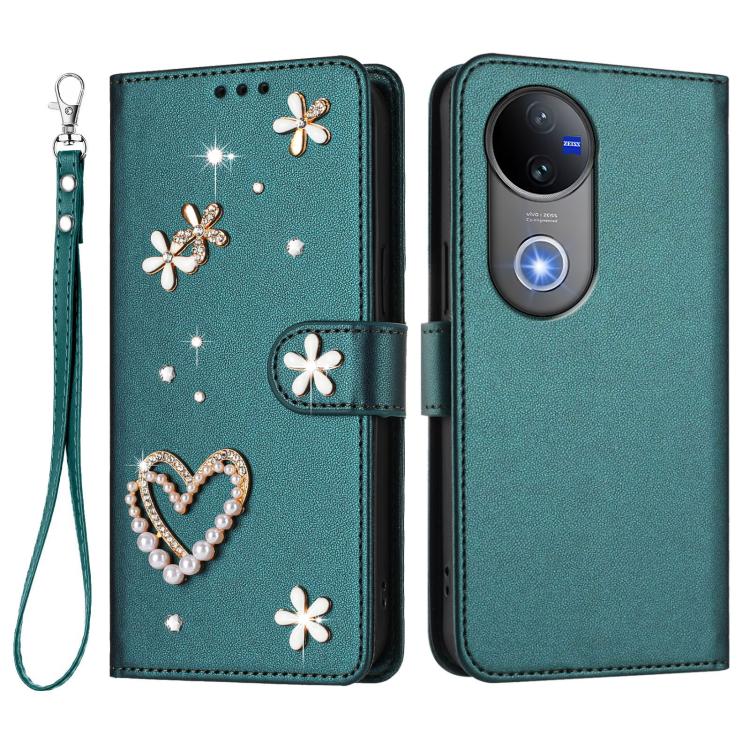 For vivo V50 5G Global / V50e 5G ZS01 Double-Layer Heart Floral Vegan Leather Phone Case with Wrist Strap
