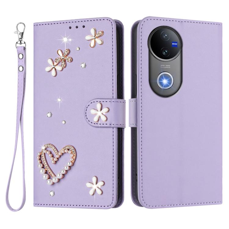 For vivo V50 5G Global / V50e 5G ZS01 Double-Layer Heart Floral Vegan Leather Phone Case with Wrist Strap