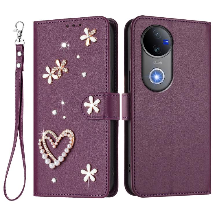 For vivo V50 5G Global / V50e 5G ZS01 Double-Layer Heart Floral Vegan Leather Phone Case with Wrist Strap