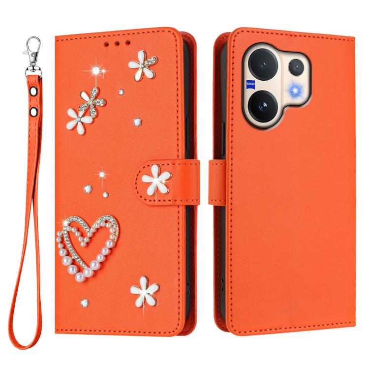 For vivo V60 5G Global / V60e 5G Global ZS01 Double-Layer Heart Floral Vegan Leather Phone Case with Wrist Strap
