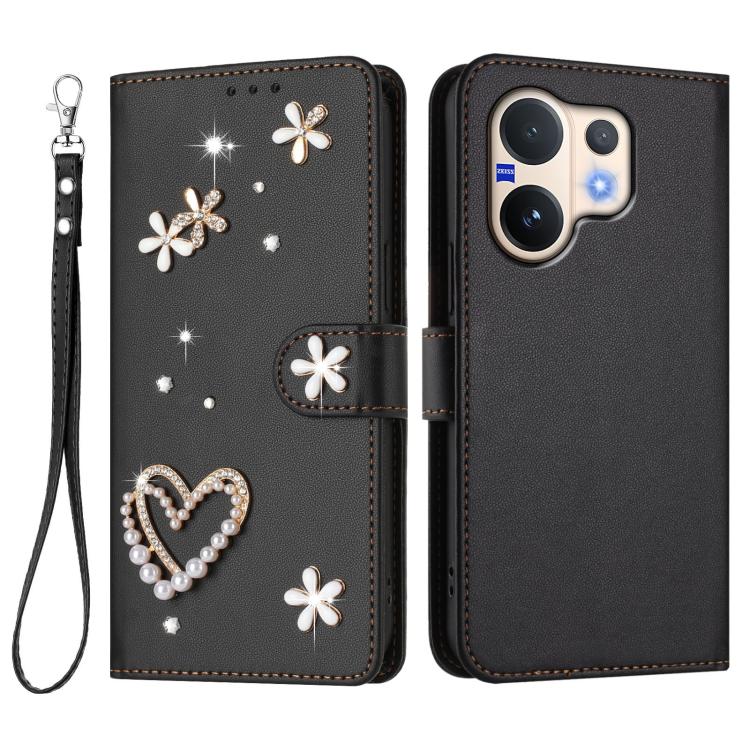 For vivo V60 5G Global / V60e 5G Global ZS01 Double-Layer Heart Floral Vegan Leather Phone Case with Wrist Strap