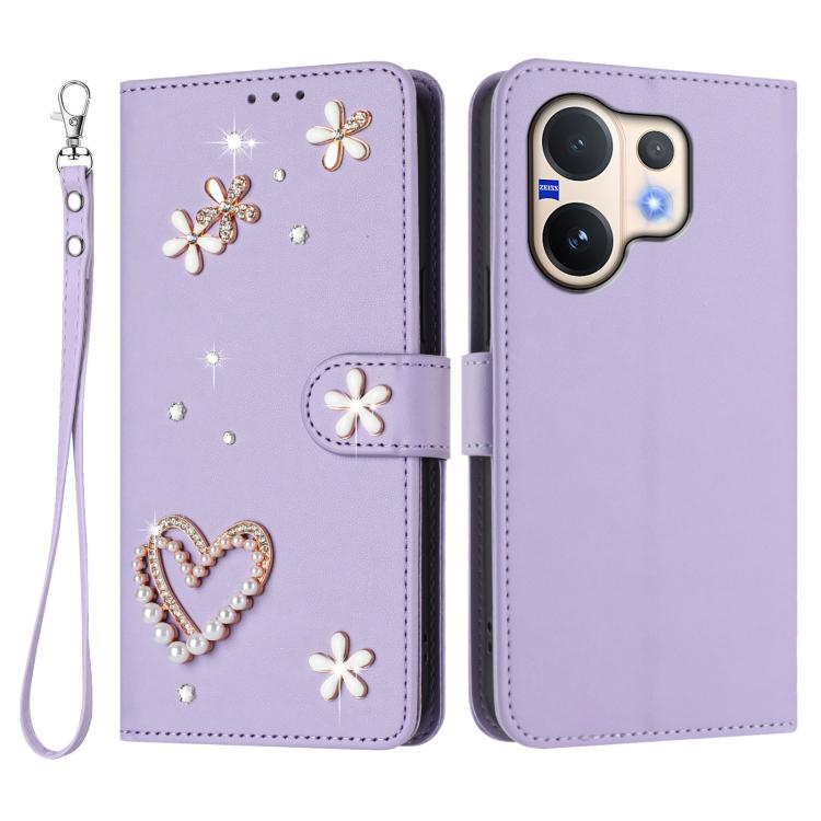 For vivo V60 5G Global / V60e 5G Global ZS01 Double-Layer Heart Floral Vegan Leather Phone Case with Wrist Strap