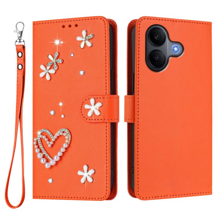 For vivo V60 Lite 5G Global ZS01 Double-Layer Heart Floral Vegan Leather Phone Case with Wrist Strap