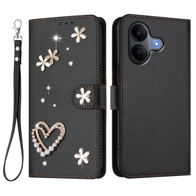 For vivo V60 Lite 5G Global ZS01 Double-Layer Heart Floral Vegan Leather Phone Case with Wrist Strap