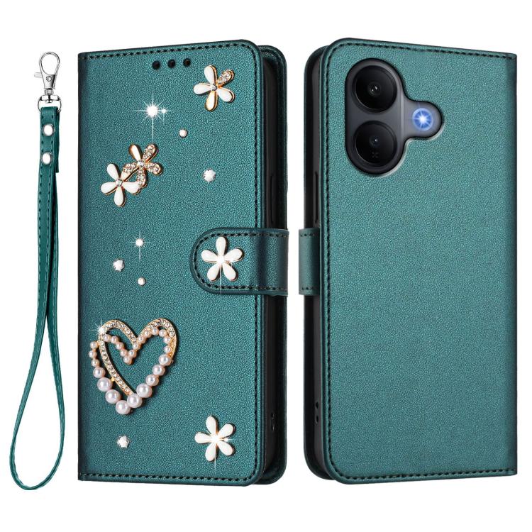 For vivo V60 Lite 5G Global ZS01 Double-Layer Heart Floral Vegan Leather Phone Case with Wrist Strap