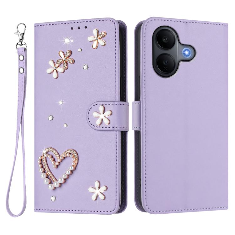 For vivo V60 Lite 5G Global ZS01 Double-Layer Heart Floral Vegan Leather Phone Case with Wrist Strap