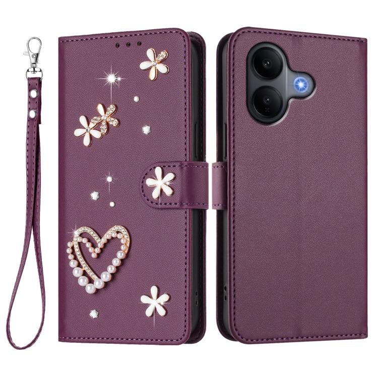 For vivo V60 Lite 5G Global ZS01 Double-Layer Heart Floral Vegan Leather Phone Case with Wrist Strap