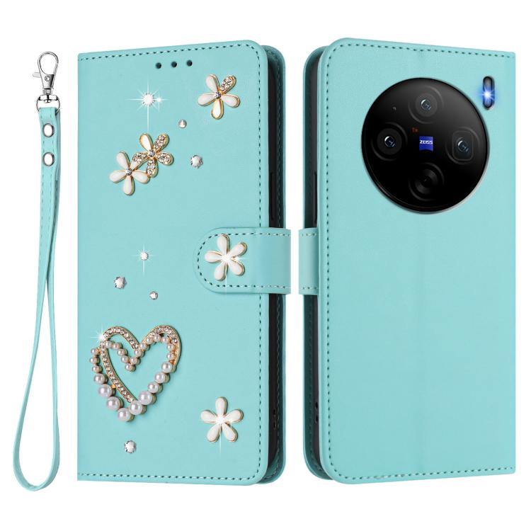 For vivo X100s 5G ZS01 Double-Layer Heart Floral Vegan Leather Phone Case with Wrist Strap