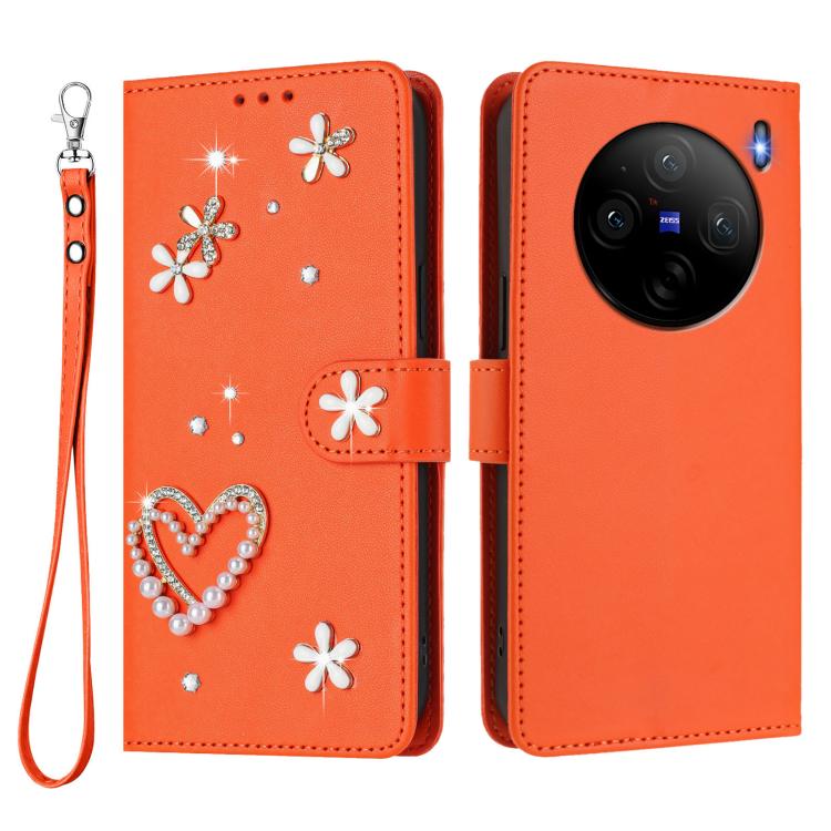 For vivo X100s 5G ZS01 Double-Layer Heart Floral Vegan Leather Phone Case with Wrist Strap