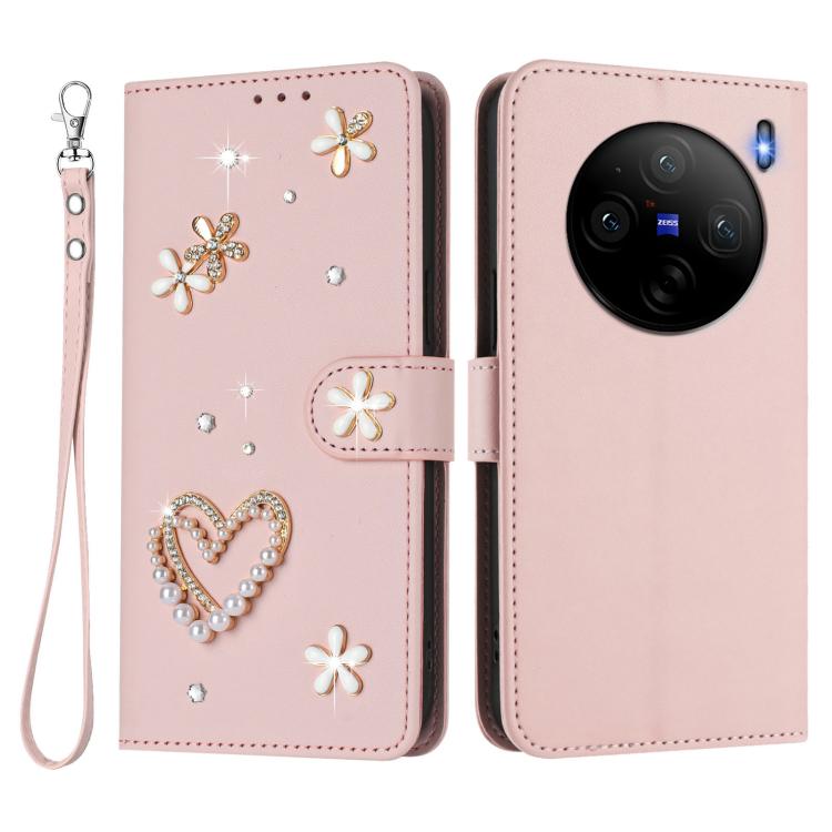 For vivo X100s 5G ZS01 Double-Layer Heart Floral Vegan Leather Phone Case with Wrist Strap