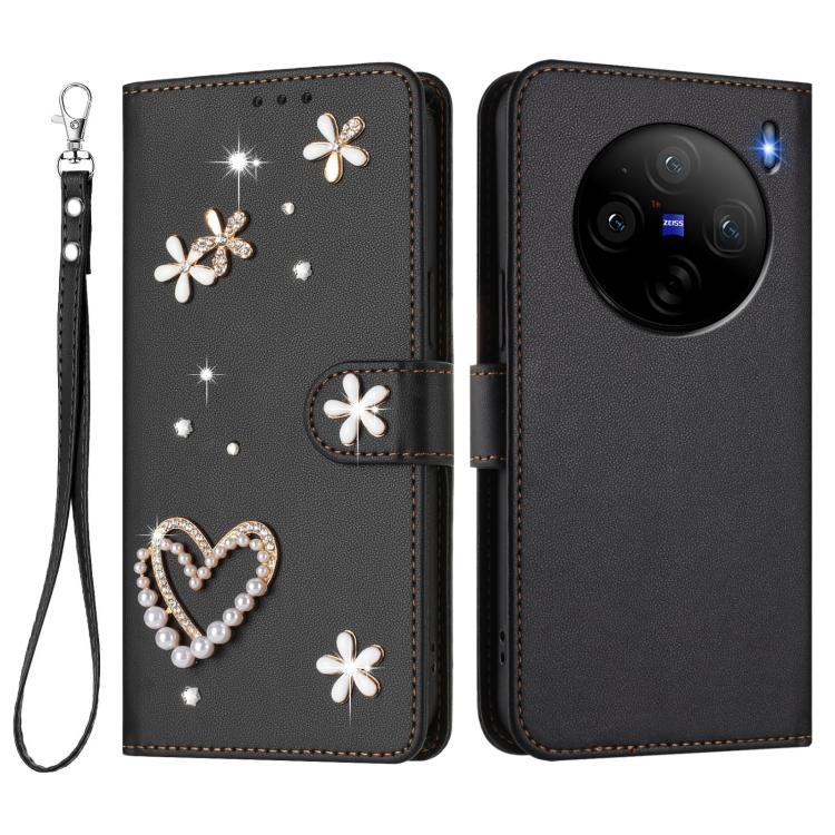 For vivo X100s 5G ZS01 Double-Layer Heart Floral Vegan Leather Phone Case with Wrist Strap
