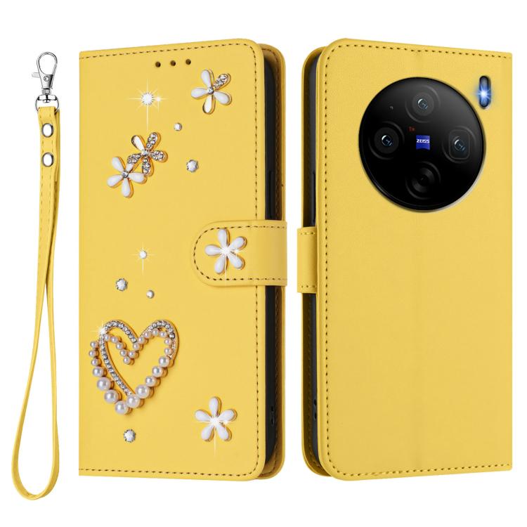 For vivo X100s 5G ZS01 Double-Layer Heart Floral Vegan Leather Phone Case with Wrist Strap