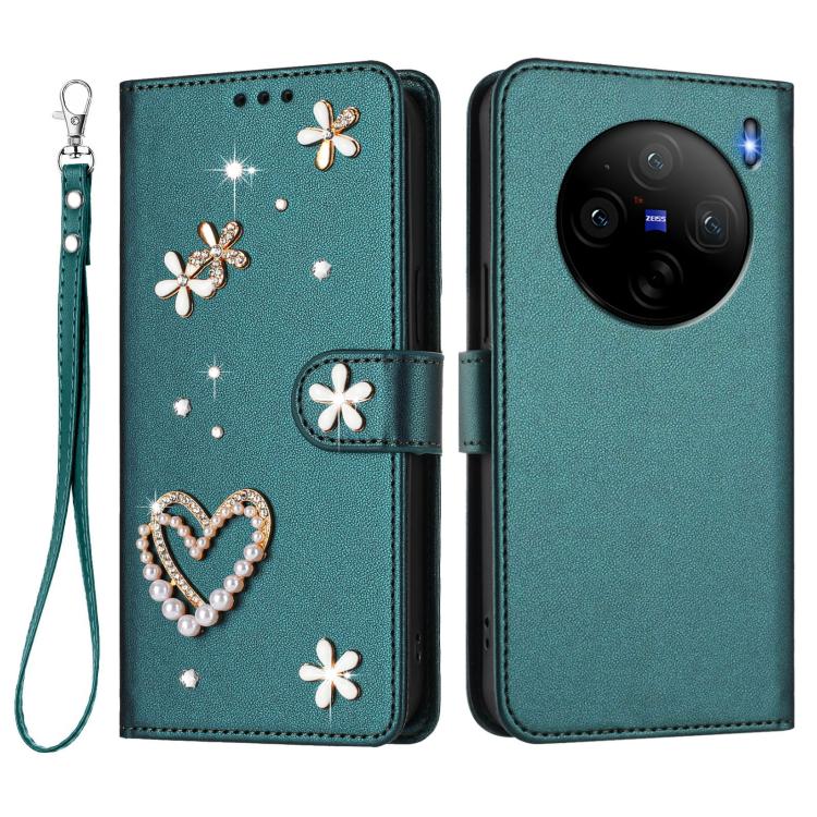 For vivo X100s 5G ZS01 Double-Layer Heart Floral Vegan Leather Phone Case with Wrist Strap