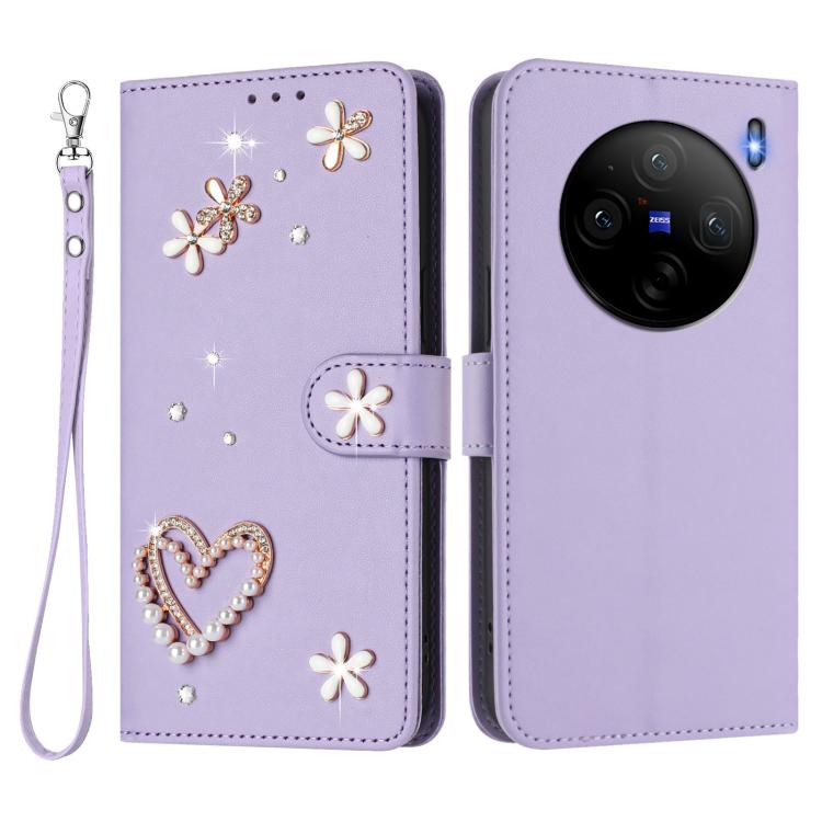 For vivo X100s 5G ZS01 Double-Layer Heart Floral Vegan Leather Phone Case with Wrist Strap