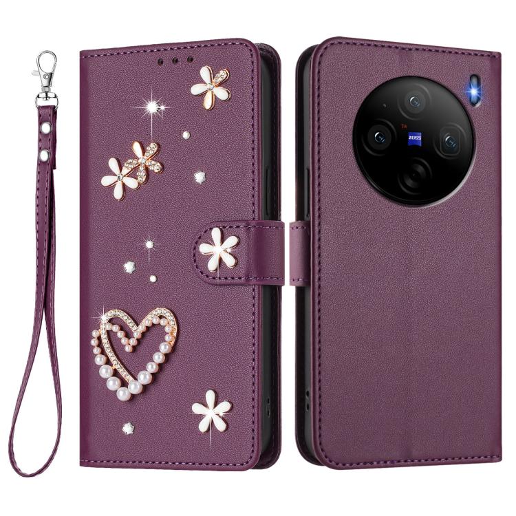 For vivo X100s 5G ZS01 Double-Layer Heart Floral Vegan Leather Phone Case with Wrist Strap