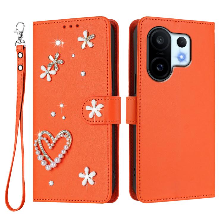 For vivo X200 FE ZS01 Double-Layer Heart Floral Vegan Leather Phone Case with Wrist Strap