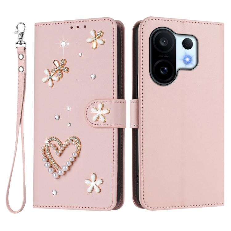 For vivo X200 FE ZS01 Double-Layer Heart Floral Vegan Leather Phone Case with Wrist Strap