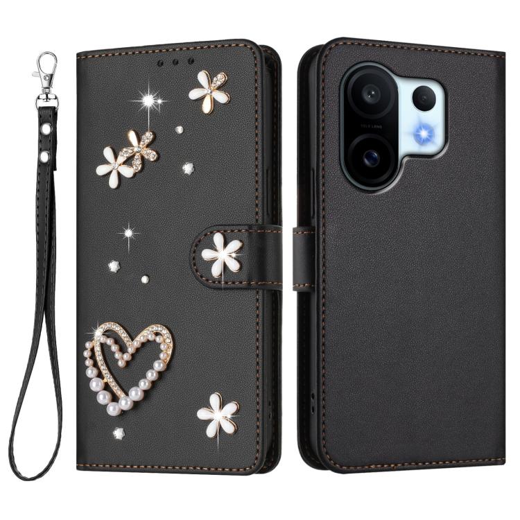 For vivo X200 FE ZS01 Double-Layer Heart Floral Vegan Leather Phone Case with Wrist Strap