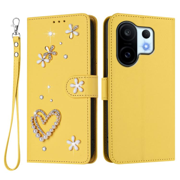 For vivo X200 FE ZS01 Double-Layer Heart Floral Vegan Leather Phone Case with Wrist Strap