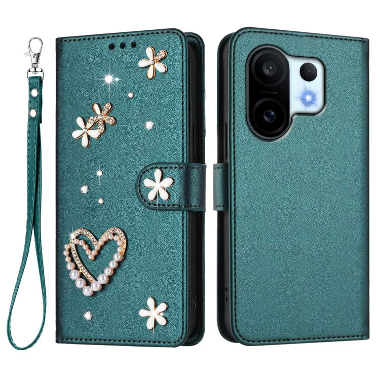 For vivo X200 FE ZS01 Double-Layer Heart Floral Vegan Leather Phone Case with Wrist Strap