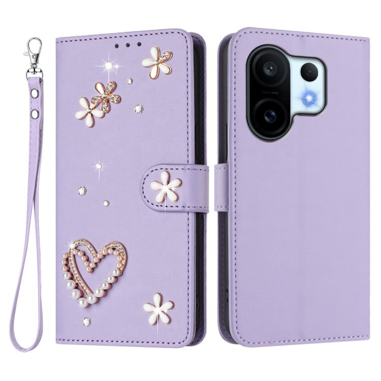 For vivo X200 FE ZS01 Double-Layer Heart Floral Vegan Leather Phone Case with Wrist Strap