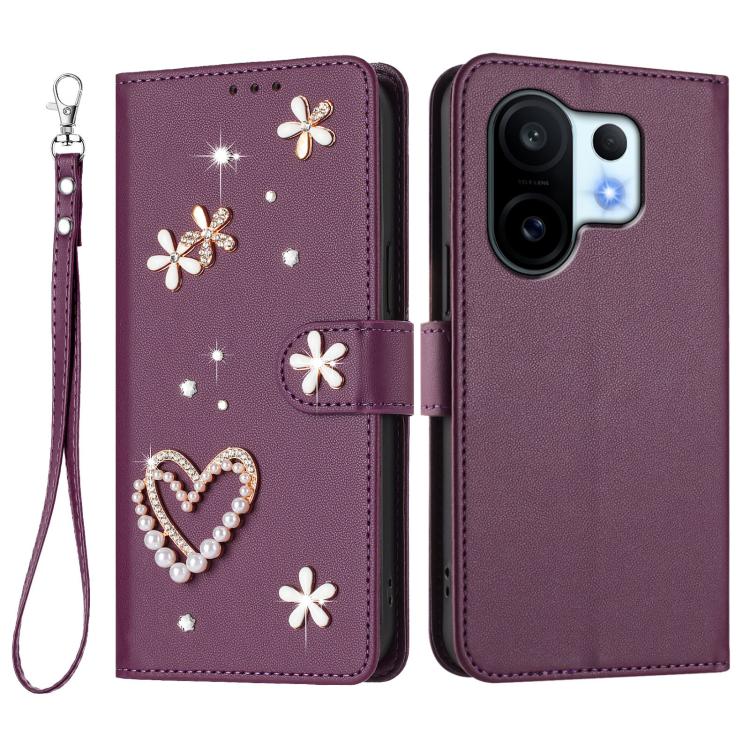 For vivo X200 FE ZS01 Double-Layer Heart Floral Vegan Leather Phone Case with Wrist Strap