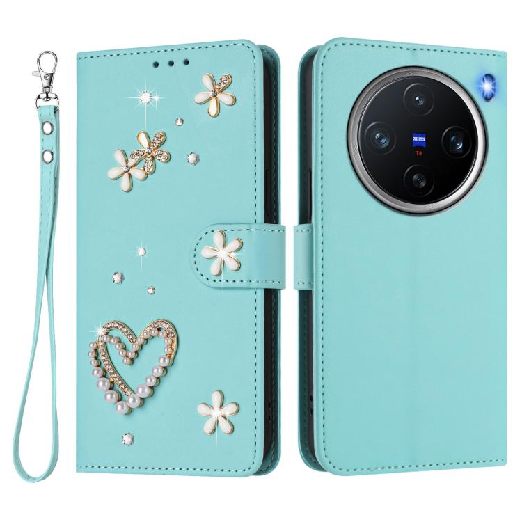 For vivo X200 Pro mini ZS01 Double-Layer Heart Floral Vegan Leather Phone Case with Wrist Strap