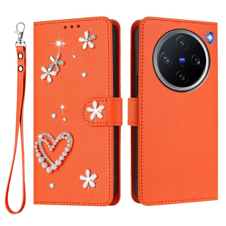 For vivo X200 Pro mini ZS01 Double-Layer Heart Floral Vegan Leather Phone Case with Wrist Strap