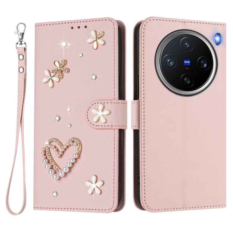 For vivo X200 Pro mini ZS01 Double-Layer Heart Floral Vegan Leather Phone Case with Wrist Strap