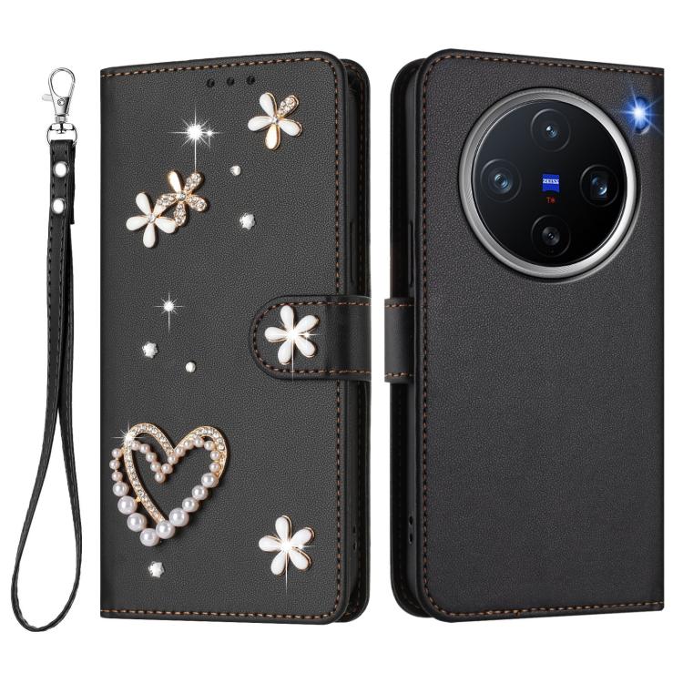 For vivo X200 Pro mini ZS01 Double-Layer Heart Floral Vegan Leather Phone Case with Wrist Strap