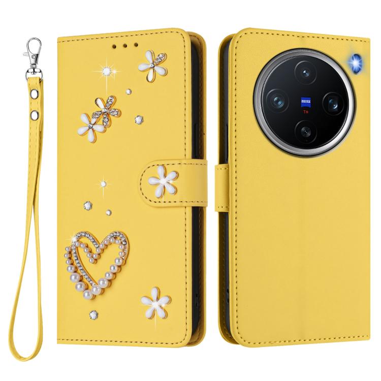 For vivo X200 Pro mini ZS01 Double-Layer Heart Floral Vegan Leather Phone Case with Wrist Strap