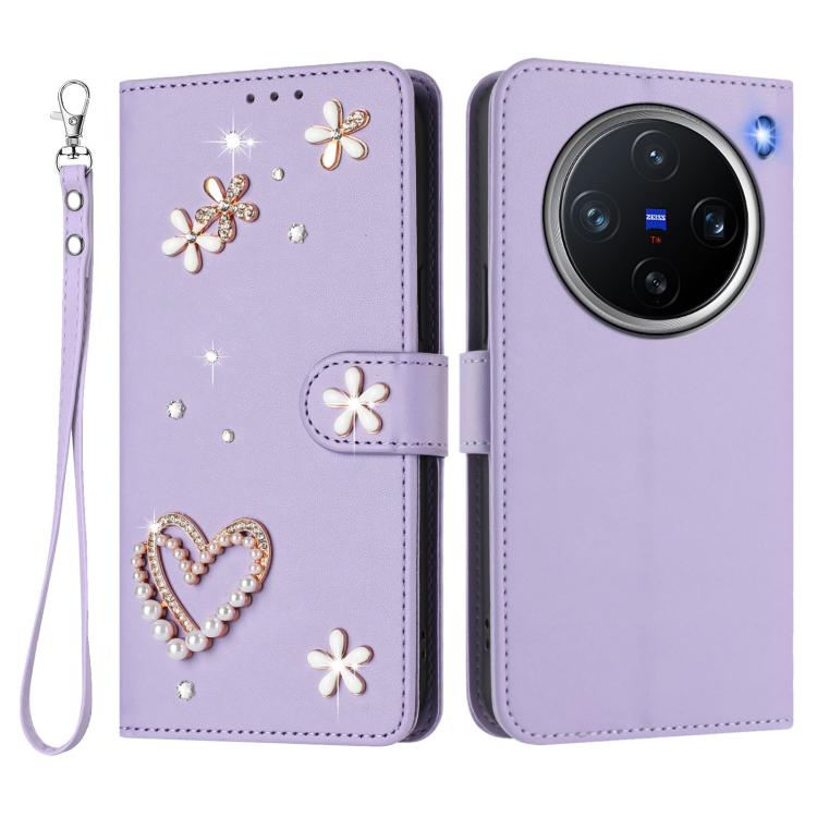 For vivo X200 Pro mini ZS01 Double-Layer Heart Floral Vegan Leather Phone Case with Wrist Strap