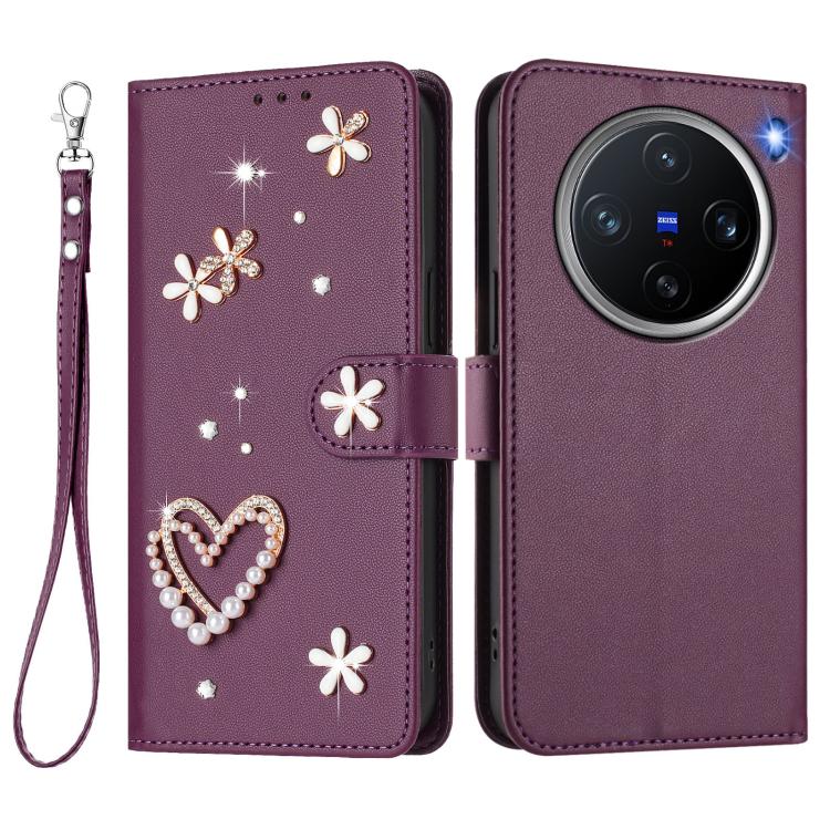 For vivo X200 Pro mini ZS01 Double-Layer Heart Floral Vegan Leather Phone Case with Wrist Strap