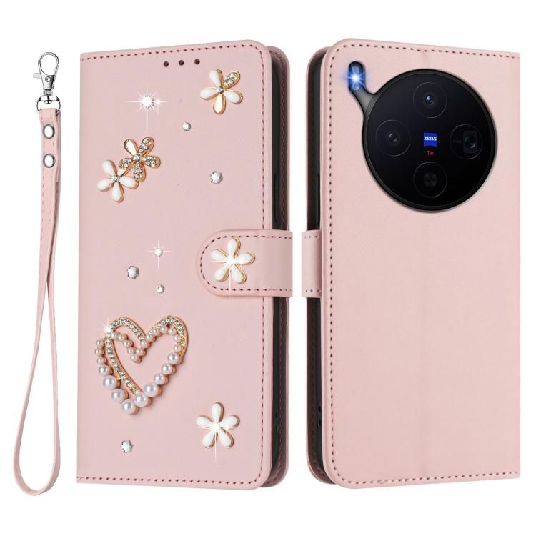 For vivo X300 ZS01 Double-Layer Heart Floral Vegan Leather Phone Case with Wrist Strap