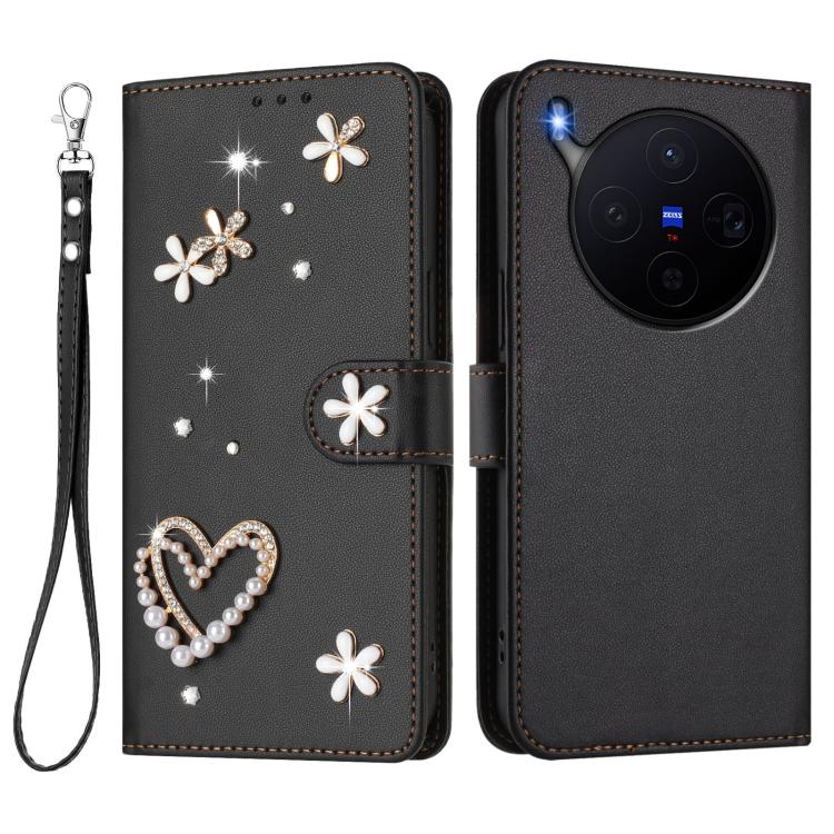 For vivo X300 ZS01 Double-Layer Heart Floral Vegan Leather Phone Case with Wrist Strap