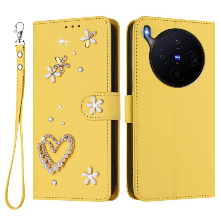 For vivo X300 ZS01 Double-Layer Heart Floral Vegan Leather Phone Case with Wrist Strap
