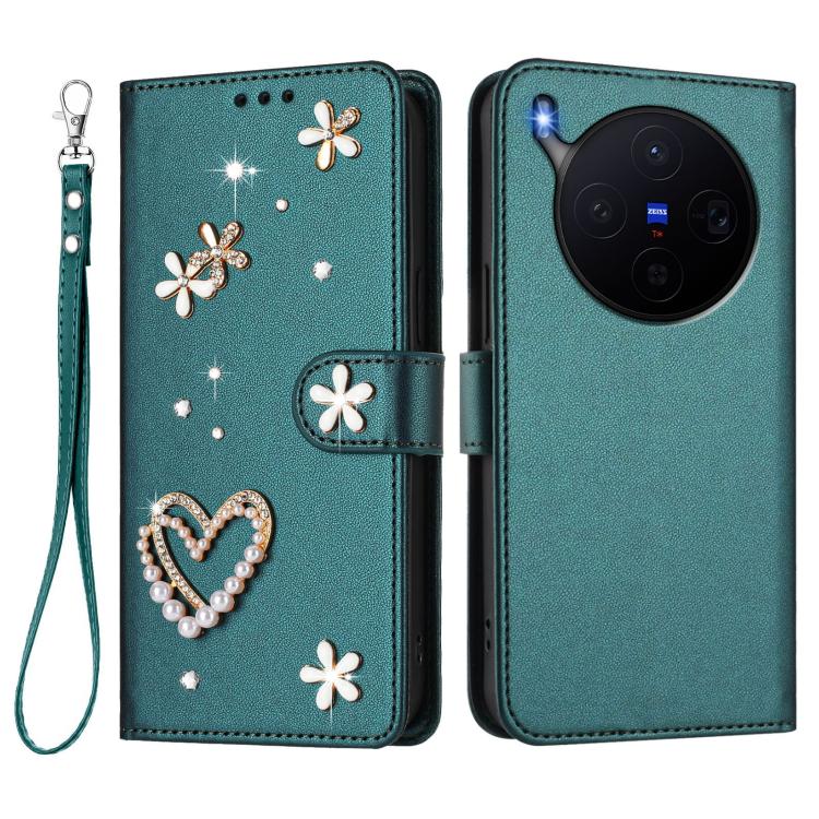 For vivo X300 ZS01 Double-Layer Heart Floral Vegan Leather Phone Case with Wrist Strap