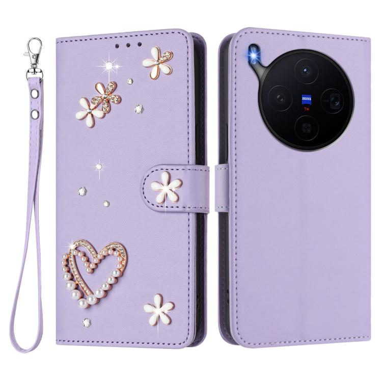 For vivo X300 ZS01 Double-Layer Heart Floral Vegan Leather Phone Case with Wrist Strap
