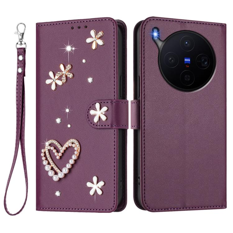 For vivo X300 ZS01 Double-Layer Heart Floral Vegan Leather Phone Case with Wrist Strap