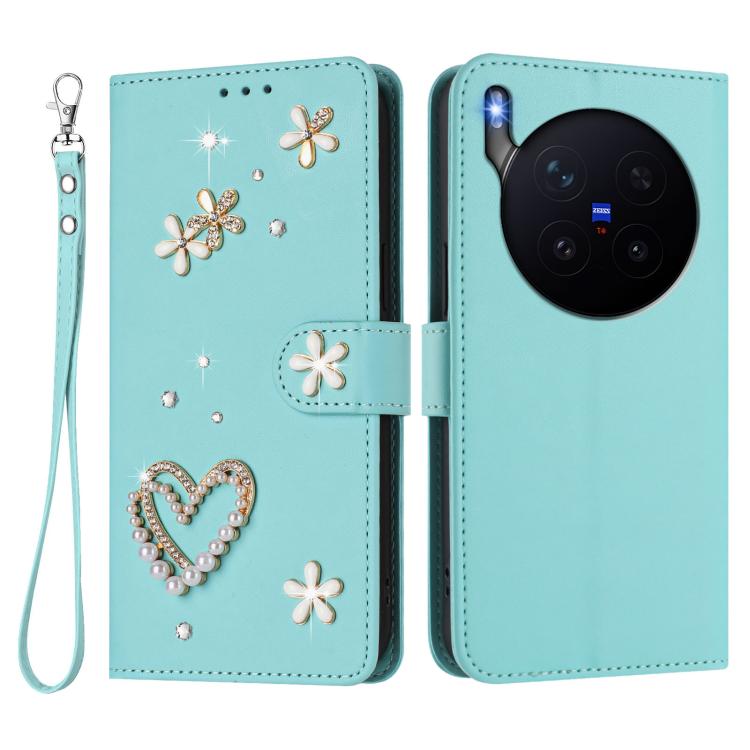 For vivo X300 Pro ZS01 Double-Layer Heart Floral Vegan Leather Phone Case with Wrist Strap
