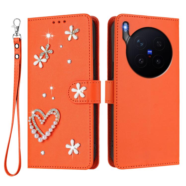 For vivo X300 Pro ZS01 Double-Layer Heart Floral Vegan Leather Phone Case with Wrist Strap